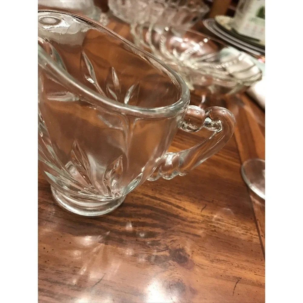 Clear Glass deep cut leaf sugar creamer‎ vintage drape handles